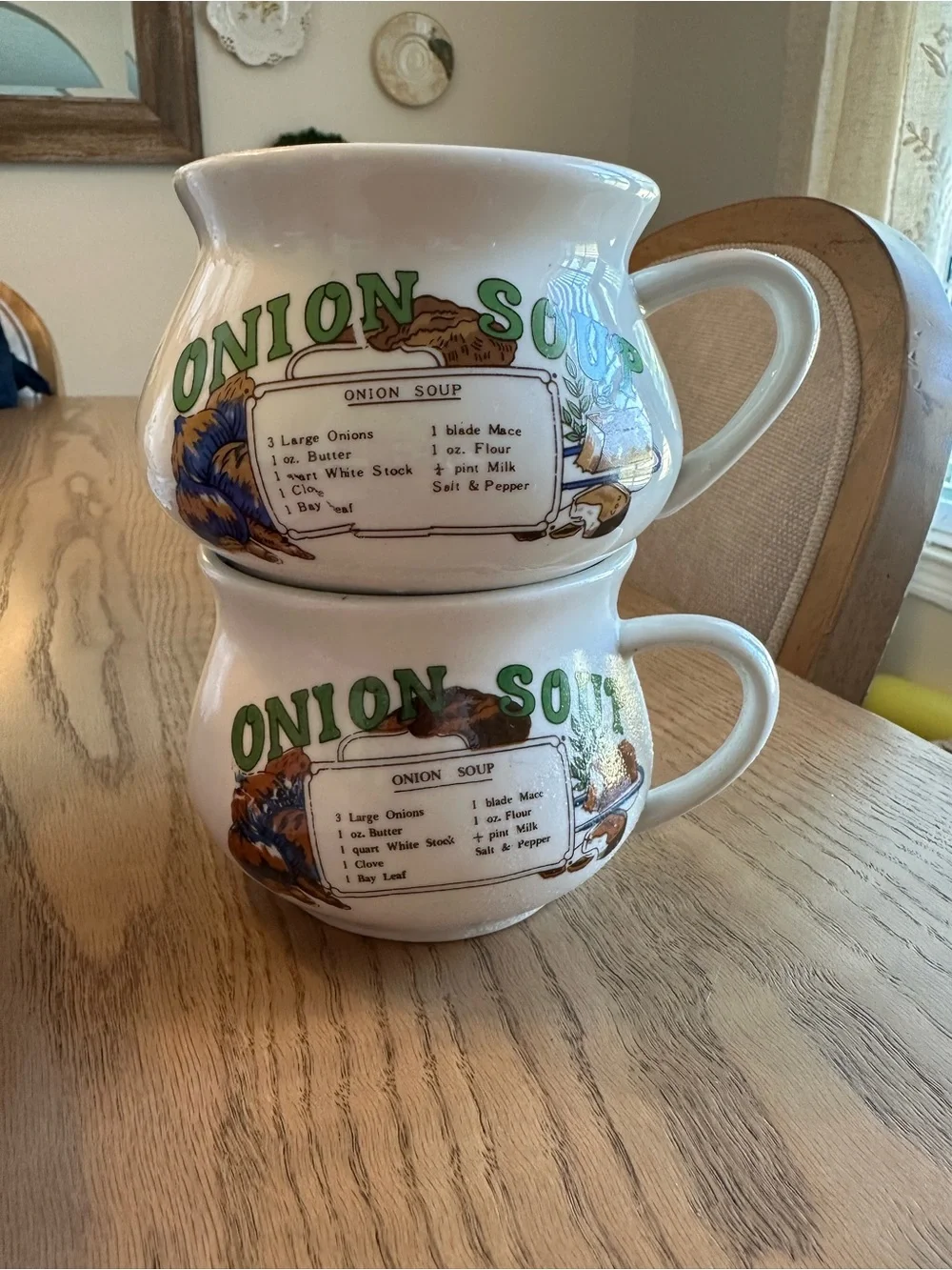 Onion Soup Ceramic Soup Mugs - White with Green Print
